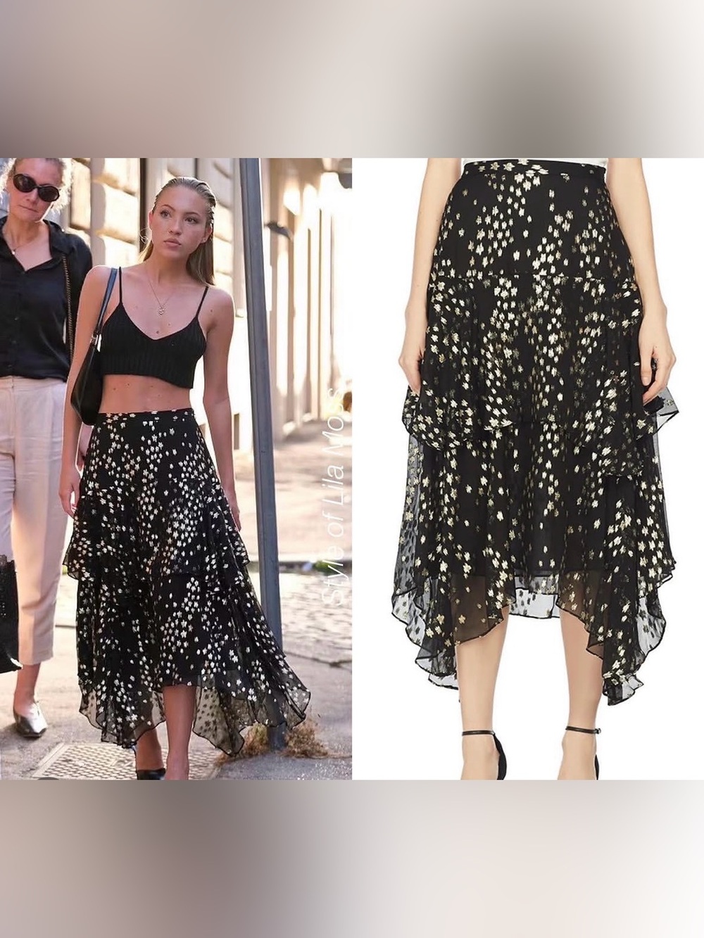 Love shack fancy Black Tiered Ruffle Skirt with Metallic Gold Stars